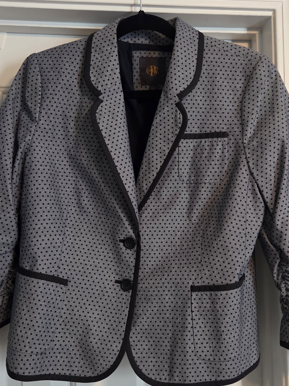 Navy Blue and Gray Polka Dot Piped Blazer